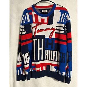 Vintage Tommy Hilfiger Denim Sweater All Over Print Spellout Logo Knit LG Y2K